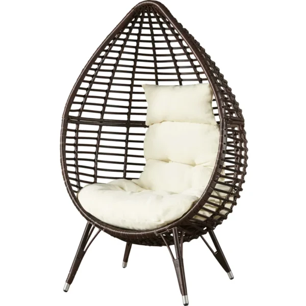 Brown single seater swing basket hanging in balcony with cushions.