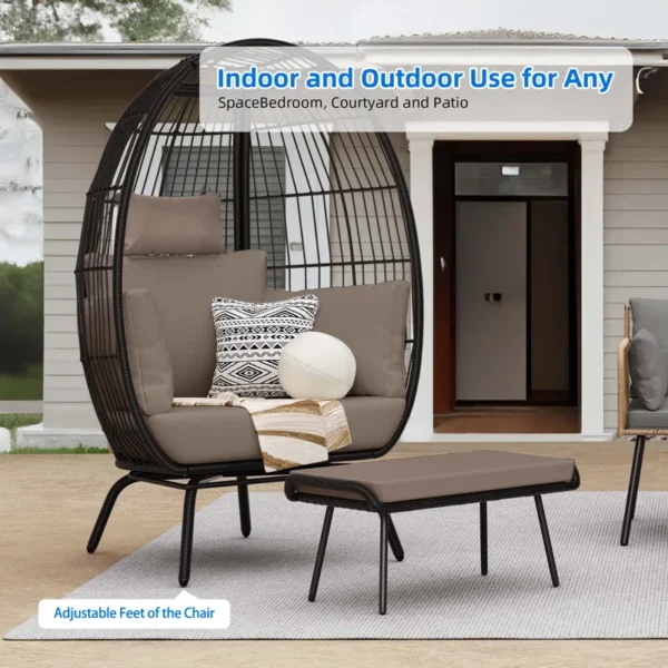 Black double seater swing basket with ottoman, perfect for balcony and garden seating.