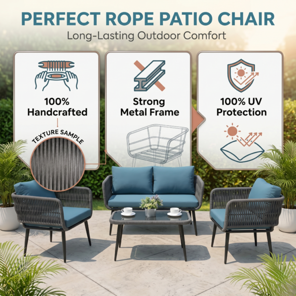 4-Piece Outdoor Indoor Rope Patio Furniture Set. Grey & Blue - Image 6