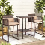 Patio 3-piece bar set with dark brown frame and cream cushions, including a high table and two tall stools, suitable for outdoor and indoor use.