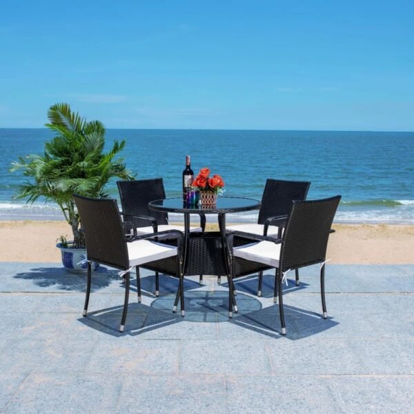 4-person round outdoor dining set with black frame and off-white chairs, perfect for patio or garden