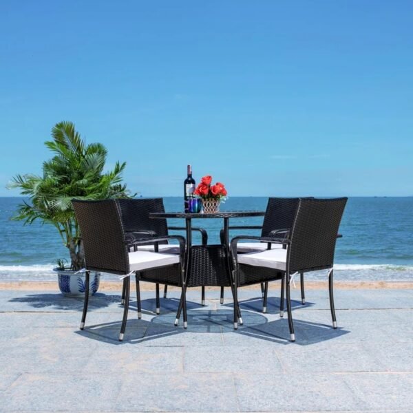 4-person round outdoor dining set with black frame and off-white chairs, perfect for patio or garden