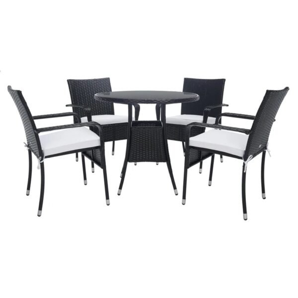 4-person round outdoor dining set with black frame and off-white chairs, perfect for patio or garden