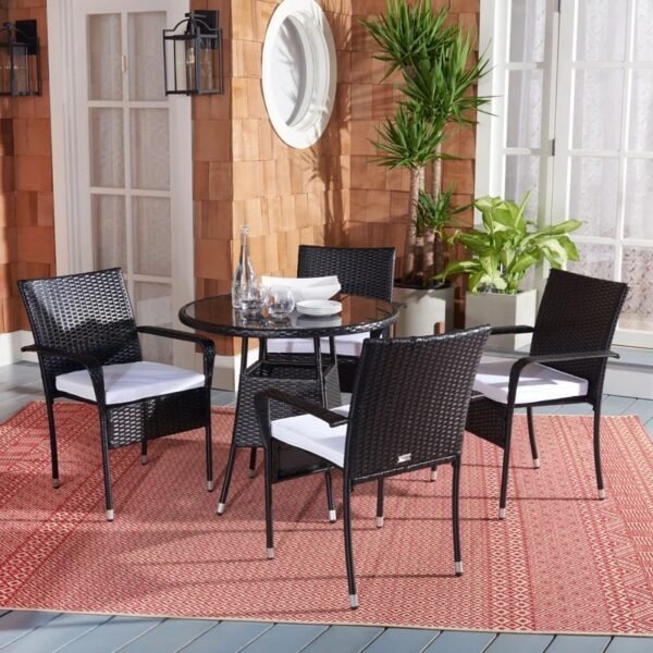 4-person round outdoor dining set with black frame and off-white chairs, perfect for patio or garden