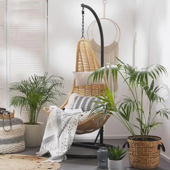 Beige single-seater hanging swing with metal stand, perfect for balconies and gardens