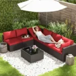 3-Piece Outdoor Sectional Furniture Set – Dark Brown Wicker with Red Cushions