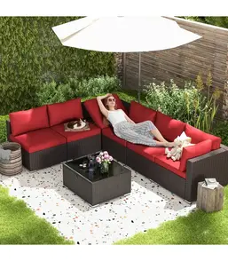 3-Piece Outdoor Sectional Furniture Set – Dark Brown Wicker with Red Cushions