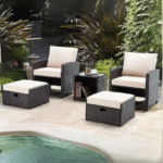 5 piece patio furniture set with black wicker frame, grey cushions, and matching ottoman, perfect for outdoor spaces.