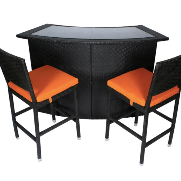 Outdoor patio bar set with 2 black chairs and 1 matching black table.