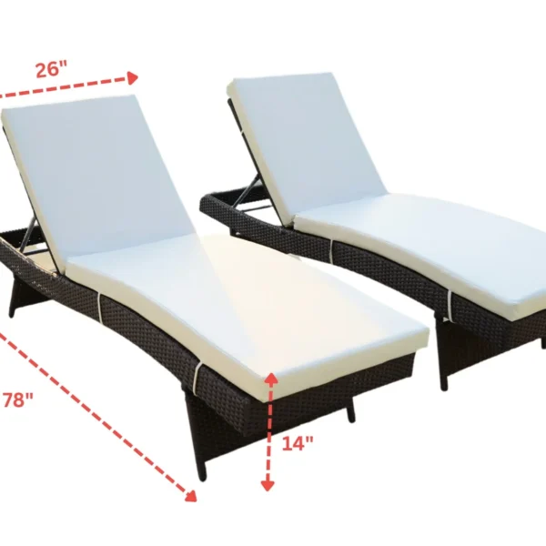 Rattan wicker long reclining outdoor chaise lounge in brown and off-white with cushions.