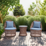 3-piece outdoor rattan sofa set with blue cushions and coffee brown wicker, perfect for garden or patio relaxation