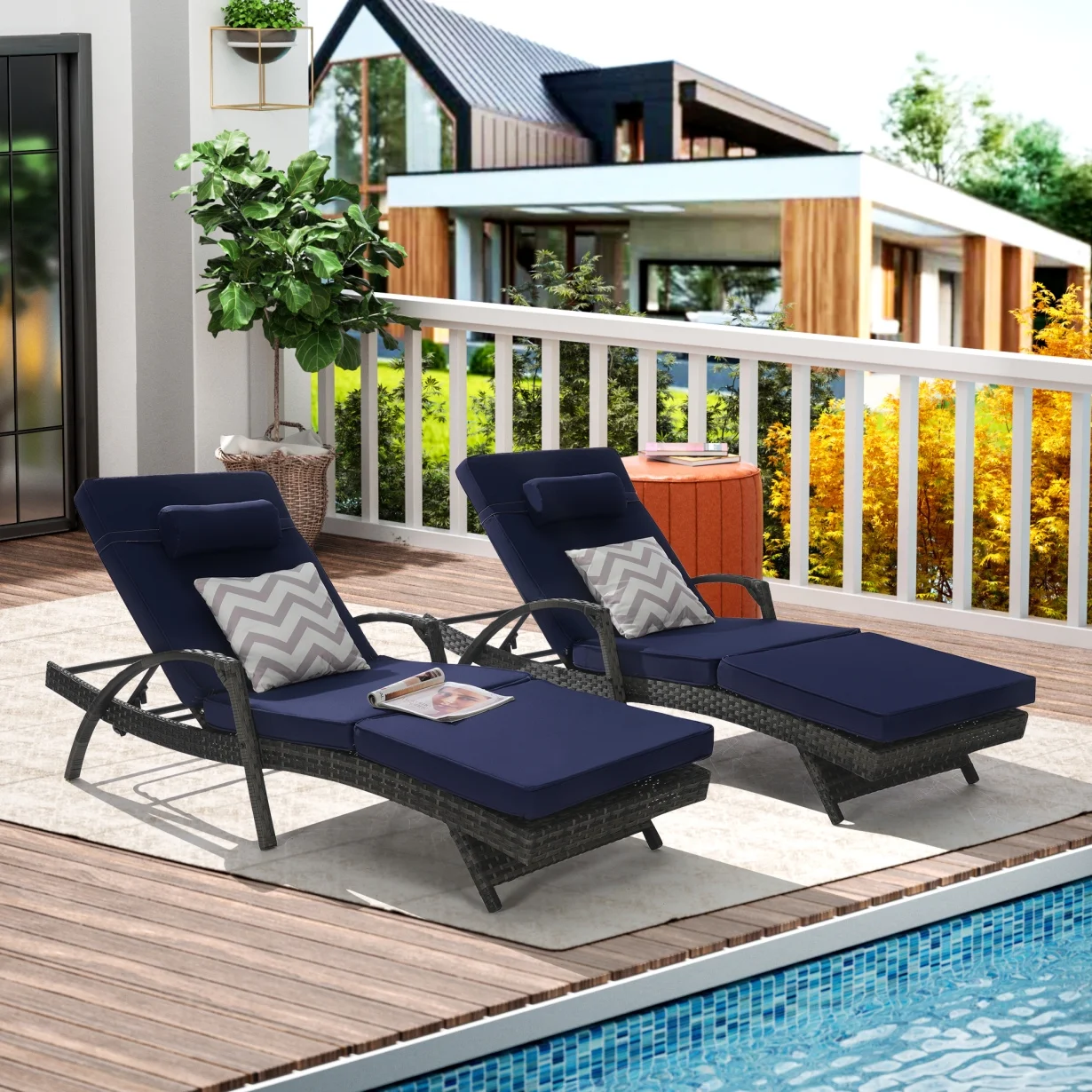 Set of 2 long reclining outdoor wicker chaise lounge chairs with cushions, perfect for patio or garden.