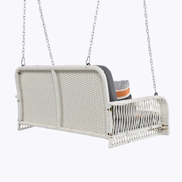Elegant outdoor double seater swing with sturdy frame and comfortable cushions for garden or patio.