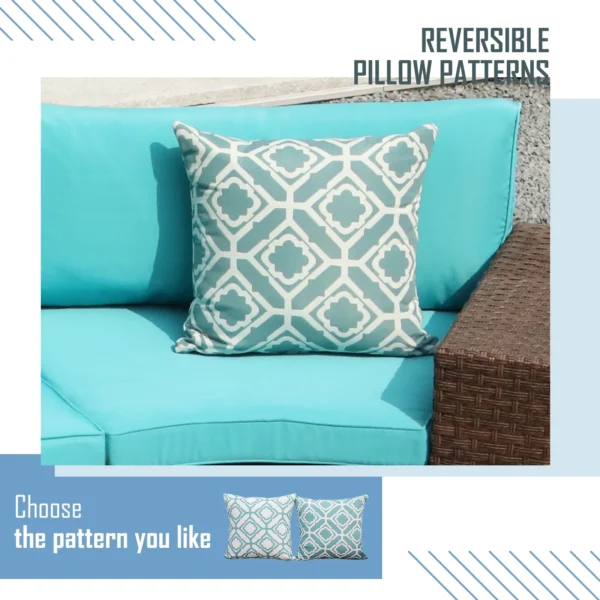 Full Moon Rattan Wicker Sofa Set in brown frame with blue cushions, outdoor patio furniture