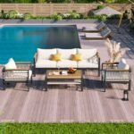 Outdoor 4-piece rope sofa set with beige cushions and grey frame, including three-seater sofa, two armchairs, and glass-top coffee table, ideal for garden, deck, poolside, or terrace.