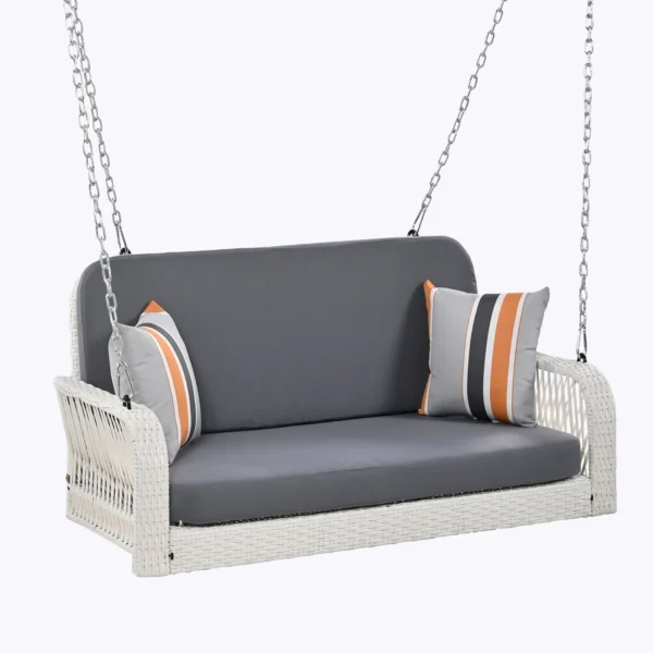 Elegant outdoor double seater swing with sturdy frame and comfortable cushions for garden or patio.