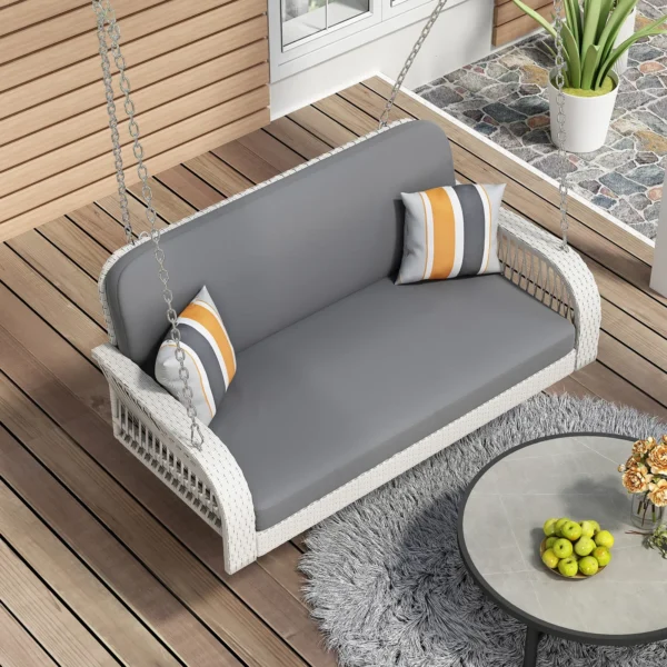 Elegant outdoor double seater swing with sturdy frame and comfortable cushions for garden or patio.