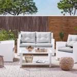 Modern outdoor rattan wicker sofa set with cushions, perfect for patio, garden, and balcony seating.