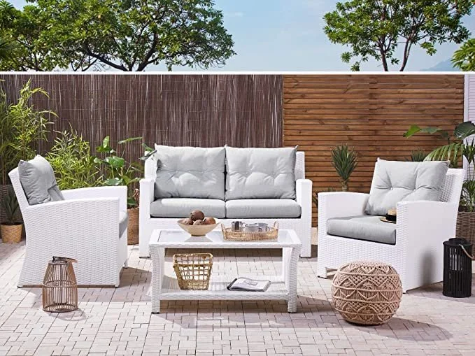 Modern outdoor rattan wicker sofa set with cushions, perfect for patio, garden, and balcony seating.