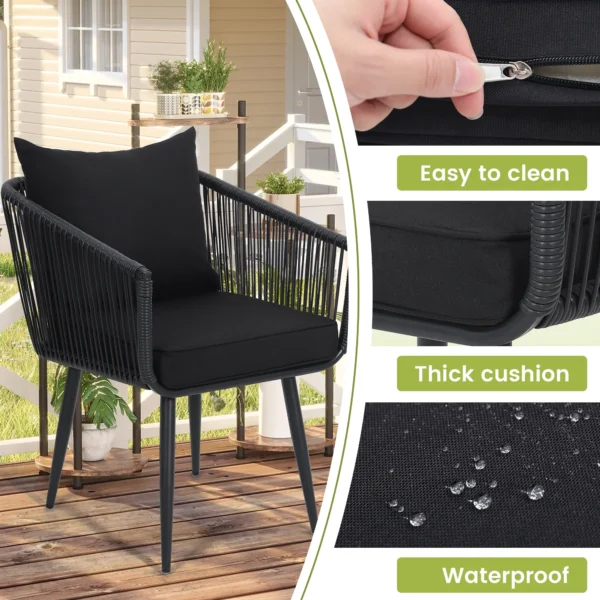 Modern outdoor patio set featuring two comfortable chairs with cushions and a stylish coffee table, perfect for garden, balcony, or backyard relaxation