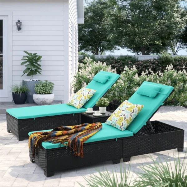 Modern outdoor poolside loungers with adjustable backrest, weather-resistant frame, and cushioned seating for luxury relaxation.