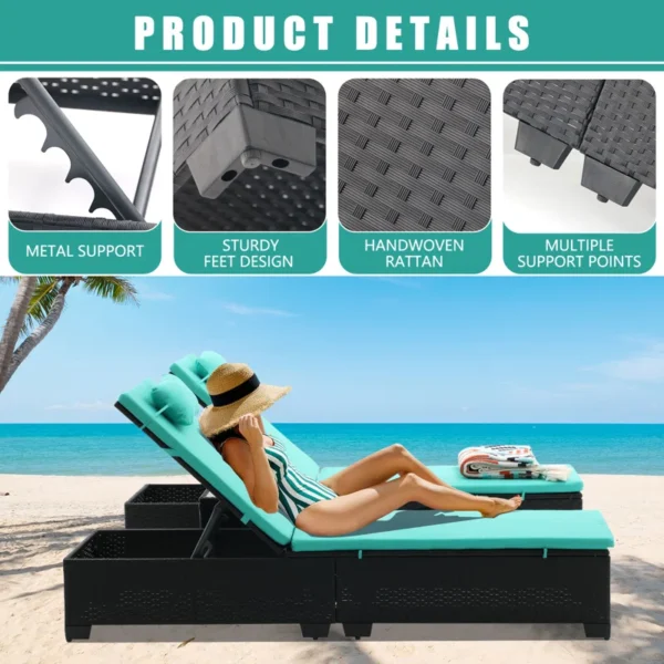 Set of 2 sky-blue wicker rattan outdoor chaise lounge chairs with matching table, perfect for patios and gardens.