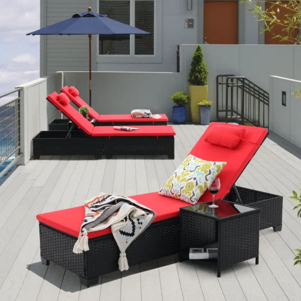 Modern outdoor poolside loungers with adjustable reclining seats, weather-resistant cushions, and stylish design for ultimate comfort.