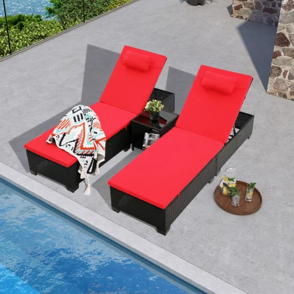 Modern outdoor poolside loungers with adjustable reclining seats, weather-resistant cushions, and stylish design for ultimate comfort.