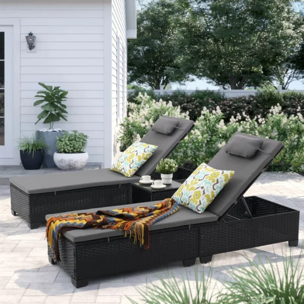 Modern outdoor poolside loungers with adjustable backrest, weather-resistant frame, and cushioned seating for luxury relaxation.