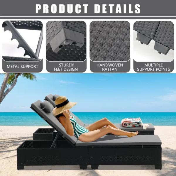 Modern outdoor poolside loungers with adjustable backrest, weather-resistant frame, and cushioned seating for luxury relaxation.