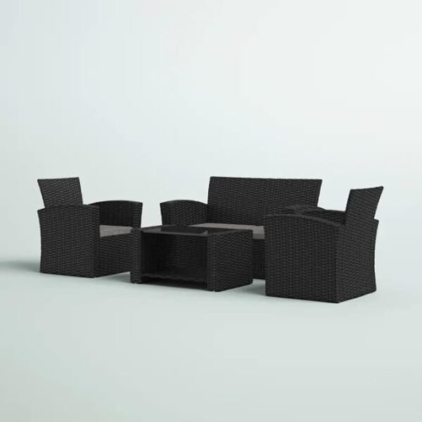 "Modern outdoor rattan wicker sofa set in blue and white with cushions – patio furniture for garden, balcony, or backyard"