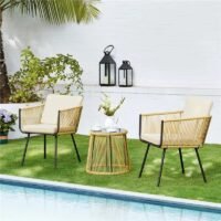 3 Piece Patio Rope Bistro Set Durable and Stylish Furniture Ideal for Terrace, Garden, Balcony, Porch, Deck and Yard (Beige & Off-White)