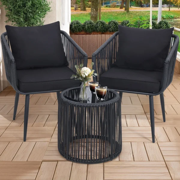 Enjoy cozy outdoor moments with this stylish 3-piece rope bistro set – perfect for patios, balconies, or gardens.