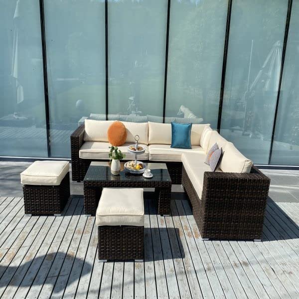 5-piece outdoor wicker sectional sofa set with cushions, perfect for patio, garden, balcony seating."