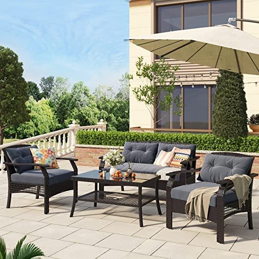 "Modern outdoor rattan wicker sofa set with cushions for patio, garden, or balcony seating"