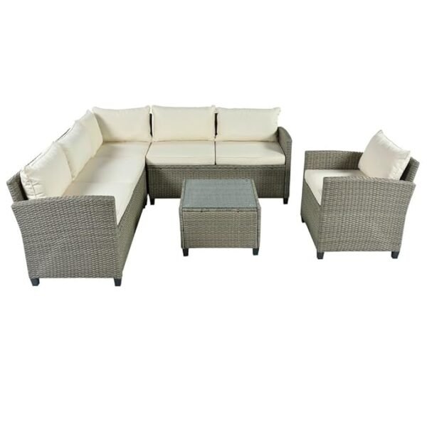 Modern outdoor rattan wicker patio furniture set with cushioned seating and glass-top table, perfect for garden, balcony, or backyard."