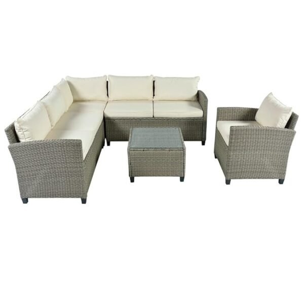 "Modern outdoor rattan wicker patio furniture set with cushioned seating and glass-top table, perfect for garden, balcony, or backyard."