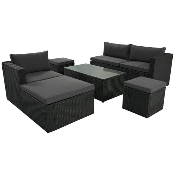 Outdoor rattan wicker patio sofa set with cushions and round center table for garden, balcony, or backyard seating”