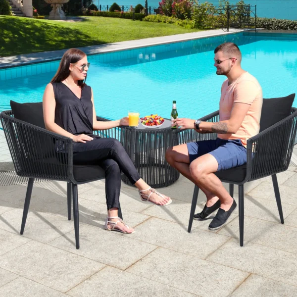 Enjoy cozy outdoor moments with this stylish 3-piece rope bistro set – perfect for patios, balconies, or gardens.
