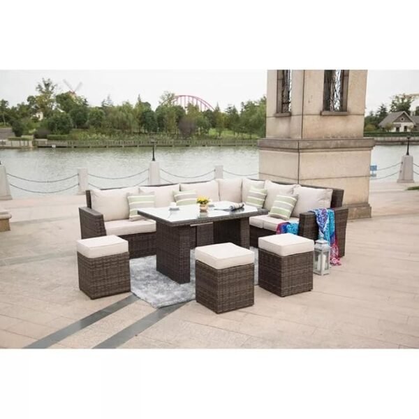 "6 pcs HDPE Wicker Patio Furniture Conversational Set – Weather-Resistant Outdoor Sofa with Cushions & Table"