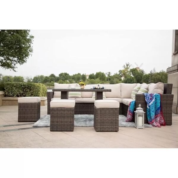 6 pcs HDPE Wicker Patio Furniture Conversational Set – Weather-Resistant Outdoor Sofa with Cushions & Table"