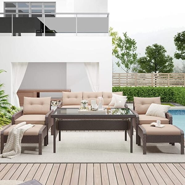 Luxury Outdoor Rattan Wicker Patio Sofa Set with Dining Table – Garden Furniture Set for Backyard & Terrace