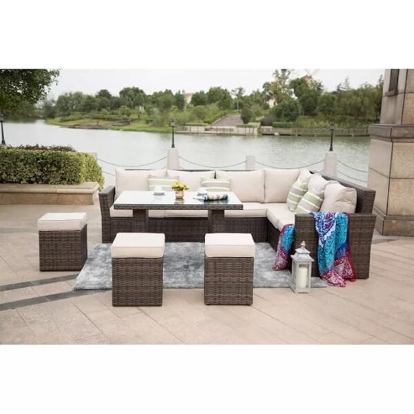 6 pcs HDPE Wicker Patio Furniture Conversational Set – Weather-Resistant Outdoor Sofa with Cushions & Table"