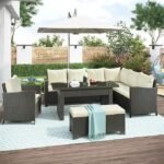 5 pcs outdoor L-shaped dining sofa set in brown rattan for patio