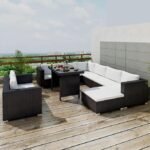 6pcs rattan wicker dining set patio L-shape with cushions for outdoor garden and backyard