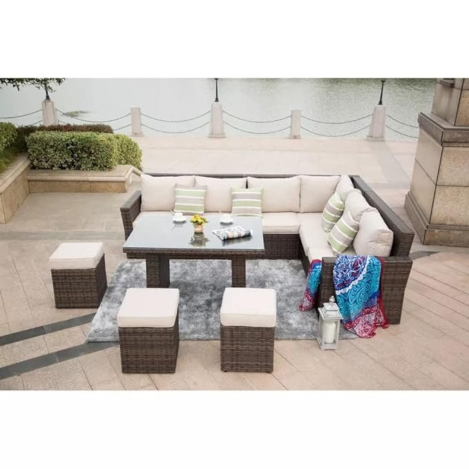 6 pcs outdoor sectional patio furniture set made with durable HDPE wicker and cushioned seating for garden or poolside"