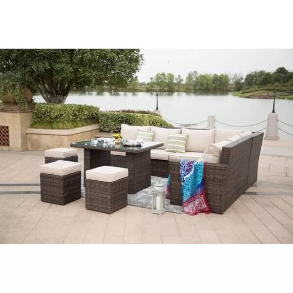 6 pcs HDPE Wicker Patio Furniture Conversational Set – Weather-Resistant Outdoor Sofa with Cushions & Table"
