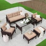 "6 pcs HDPE Wicker Patio Furniture Conversational Set – Weather-Resistant Outdoor Sofa with Cushions & Table"