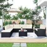 "9-seater outdoor wicker rattan sectional couch with armless chairs and glass-top center table, perfect for patio and garden seating."
