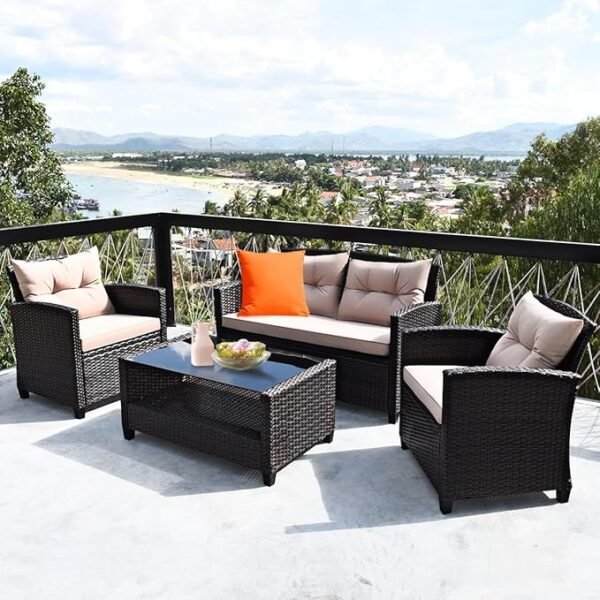 “Shop outdoor rattan wicker patio set with cushions & center table. Perfect for garden, balcony & backyard seating. Durable, stylish & weather-resistant.”